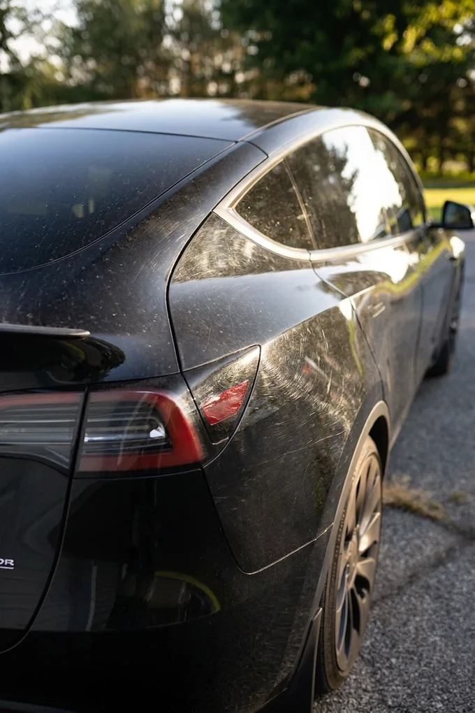 Black Tesla rear quarter panel with swirl marks and dull, hazy paint before correction